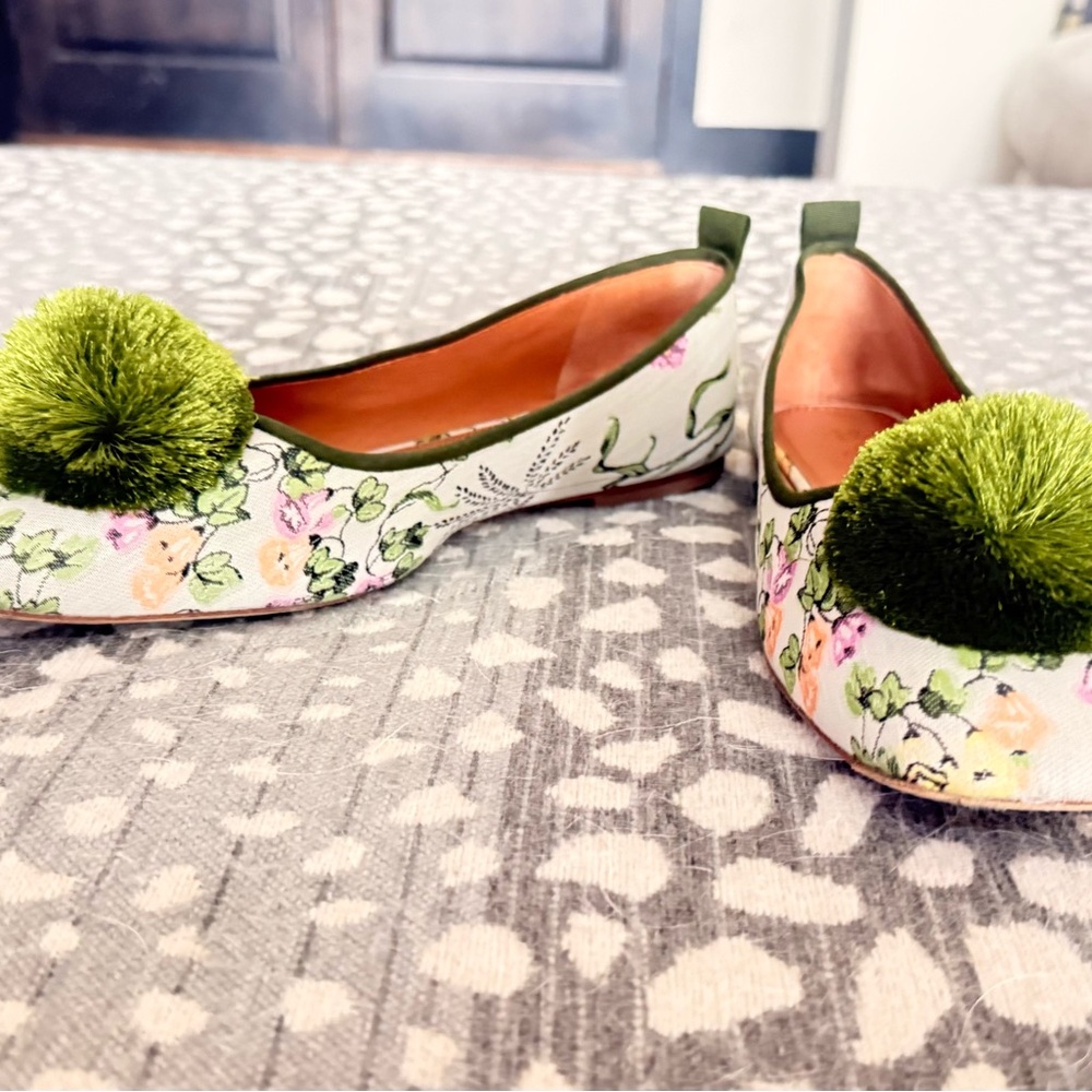 Tory Burch Floral Canvas Ballet Flats with Green Pom Pom - Picture 8 of 13